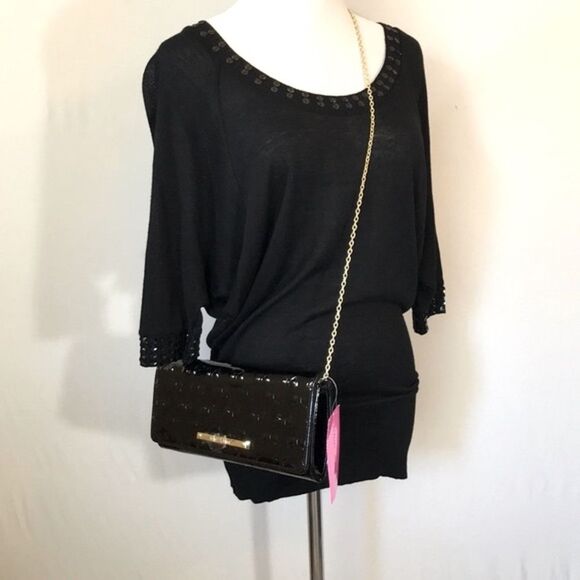 Betsey Johnson Black Bow Gold Chain Clutch Crossbody PVC NWT - Picture 10 of 11